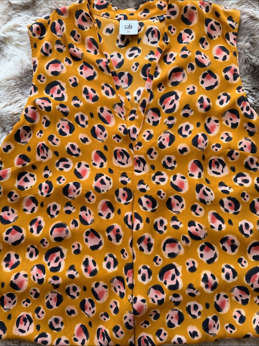 CAbi Mustard Leopard Print V-Neck Shell with Blush Accents